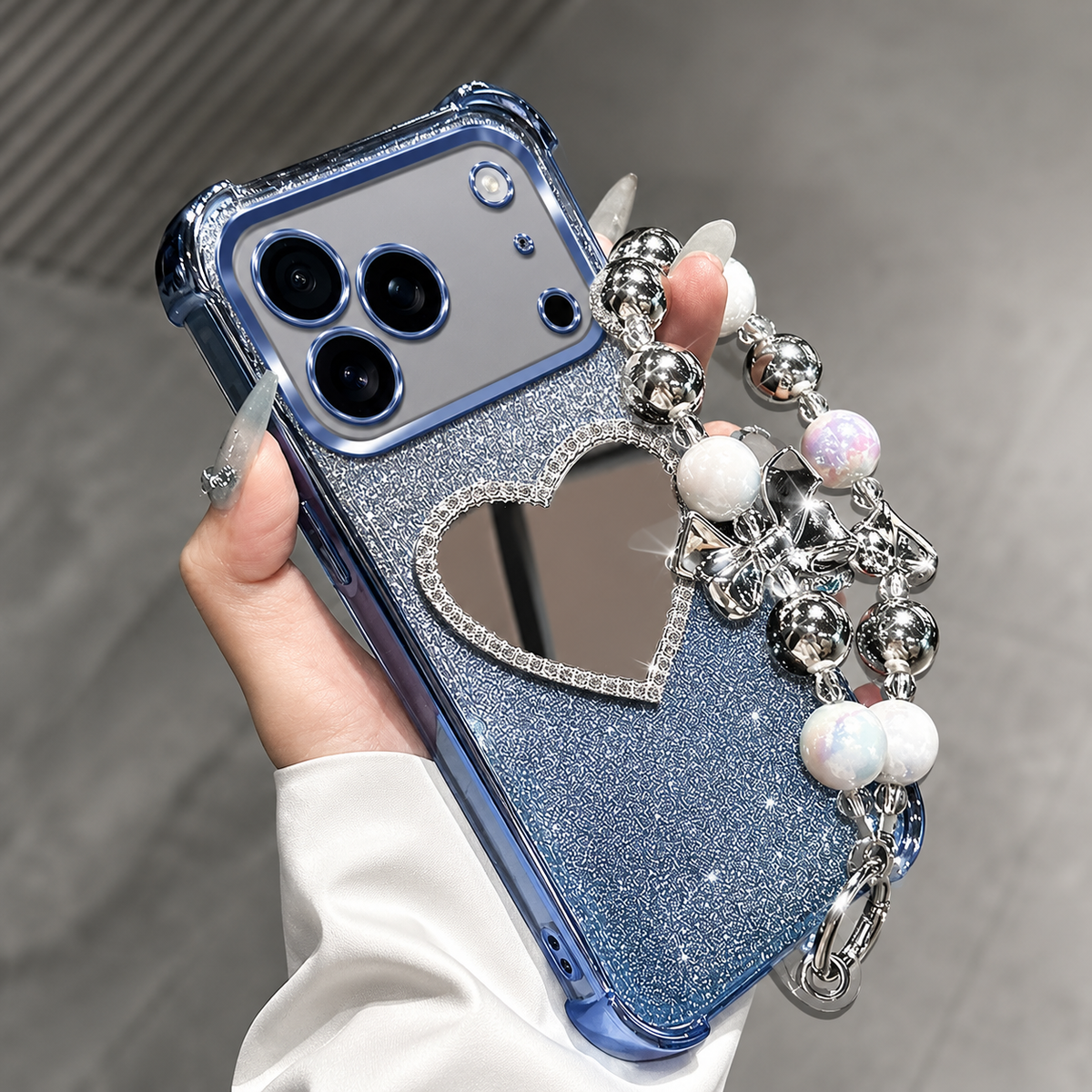 Premium iPhone Case Glitter Plating Love Mirror Bracelet Cover MagSafe Stand Holder Shockproof Silicone Protective Case