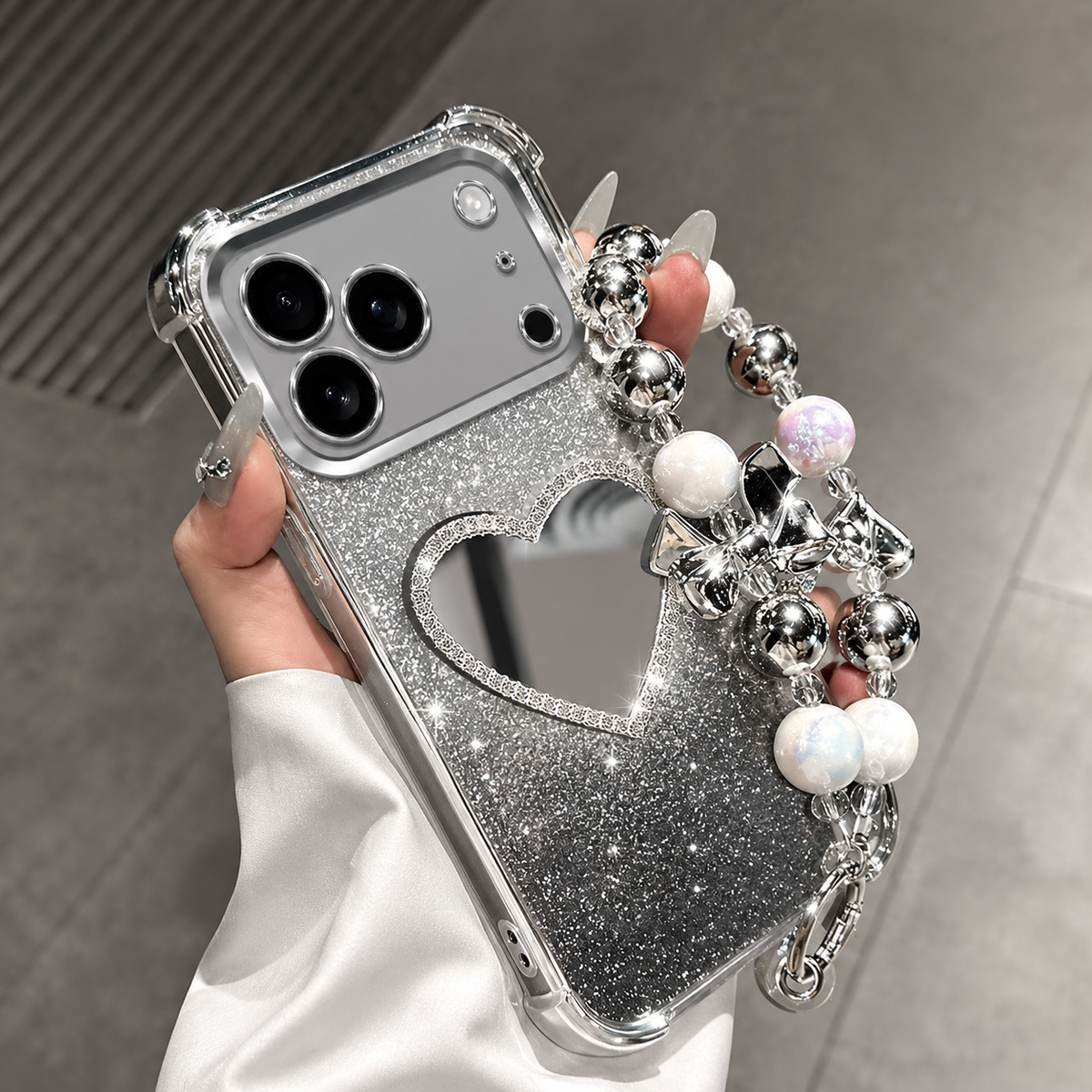 Premium iPhone Case Glitter Plating Love Mirror Bracelet Cover MagSafe Stand Holder Shockproof Silicone Protective Case