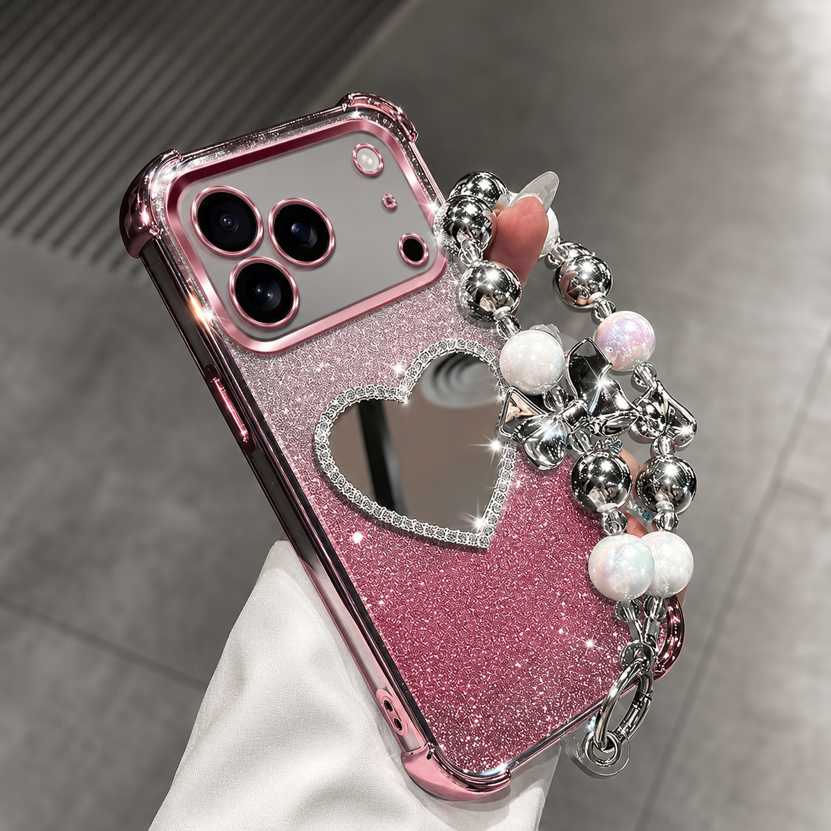 Premium iPhone Case Glitter Plating Love Mirror Bracelet Cover MagSafe Stand Holder Shockproof Silicone Protective Case