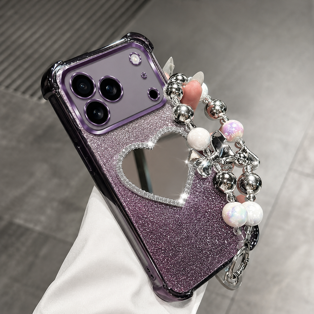 Premium iPhone Case Glitter Plating Love Mirror Bracelet Cover MagSafe Stand Holder Shockproof Silicone Protective Case