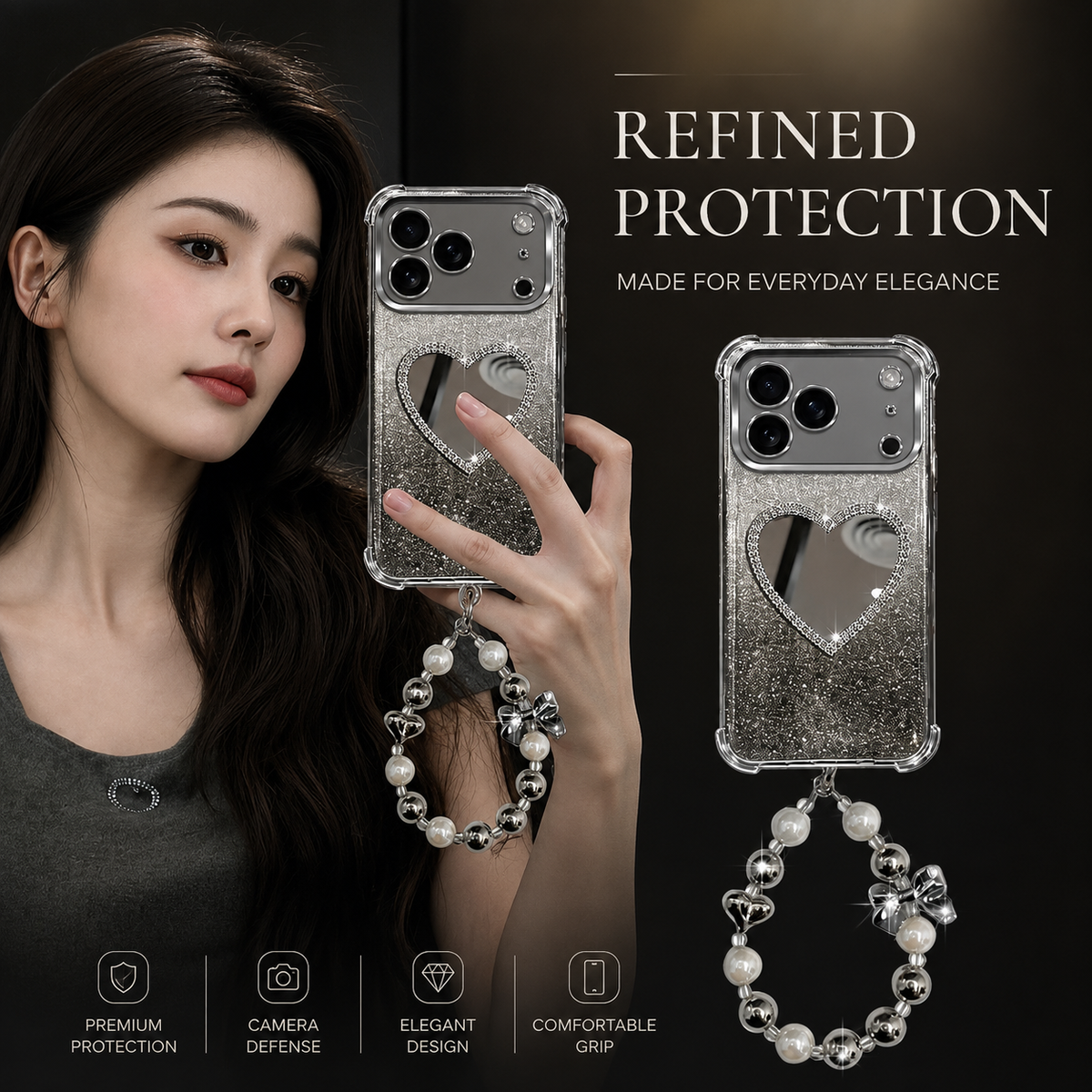 Premium iPhone Case Glitter Plating Love Mirror Bracelet Cover MagSafe Stand Holder Shockproof Silicone Protective Case