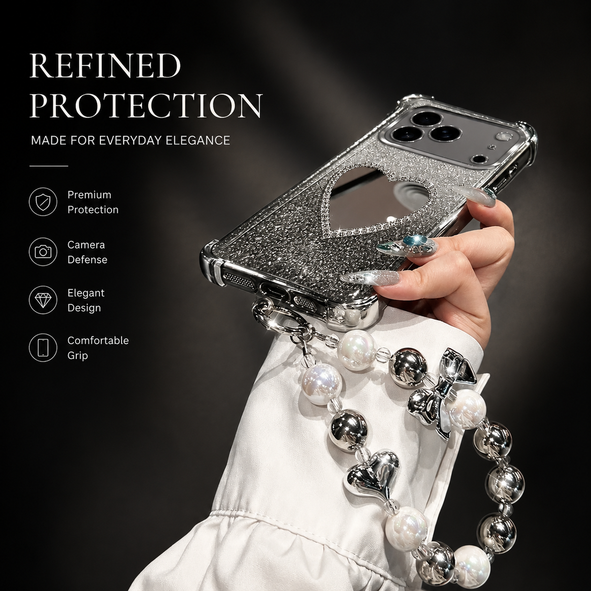 Premium iPhone Case Glitter Plating Love Mirror Bracelet Cover MagSafe Stand Holder Shockproof Silicone Protective Case