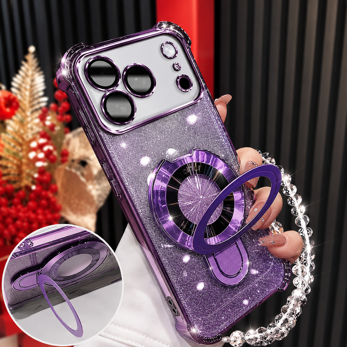 Premium iPhone Case Glitter Plating Magnetic Bracelet Cover MagSafe Compatible Shockproof Kickstand Anti Fingerprint Clear Protective Case
