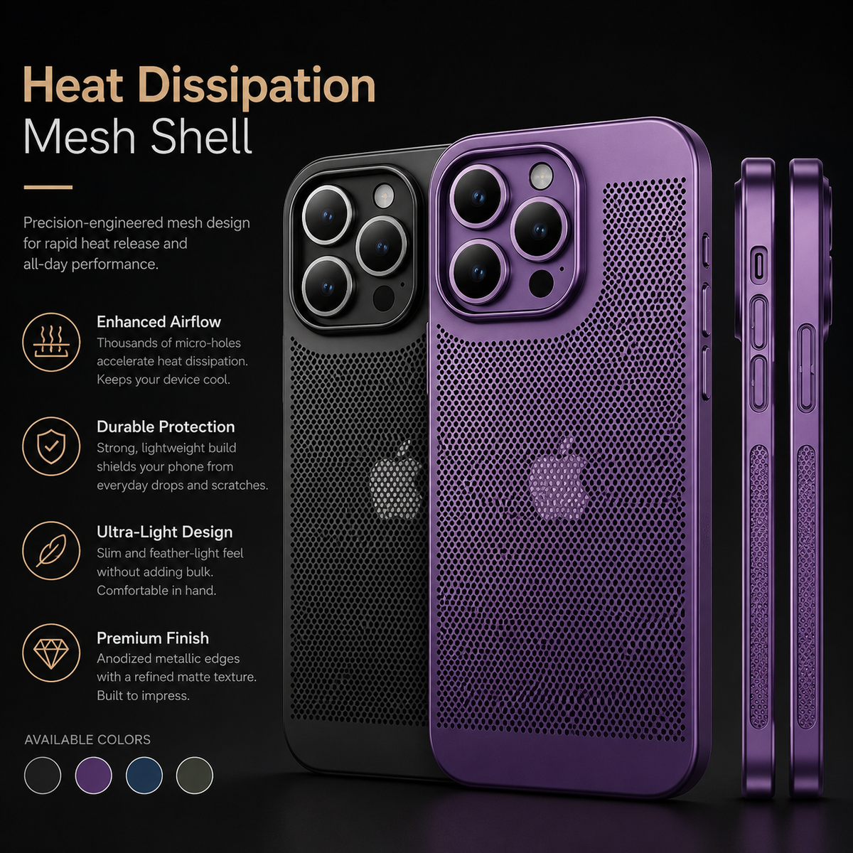 Premium iPhone Case Heat Dissipation Electroplated Hollow PC Cooling Cover Anti Fingerprint Anti Scratch Lightweight Non Slip Half Wrapped Protective Case