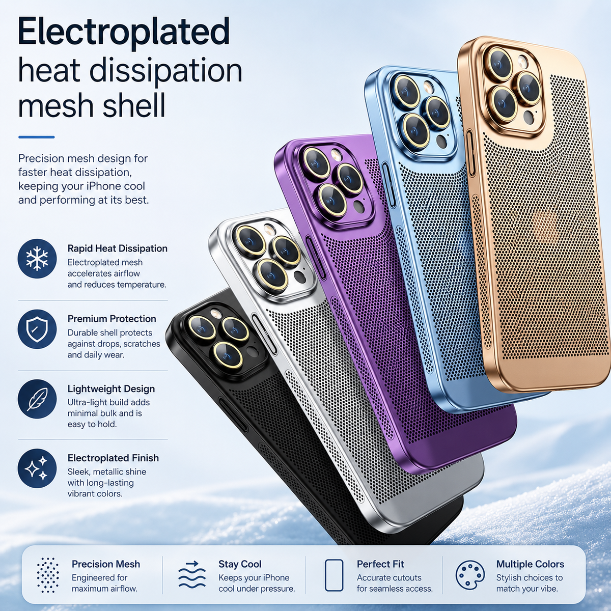 Premium iPhone Case Heat Dissipation Electroplated Hollow PC Cooling Cover Anti Fingerprint Anti Scratch Lightweight Non Slip Half Wrapped Protective Case