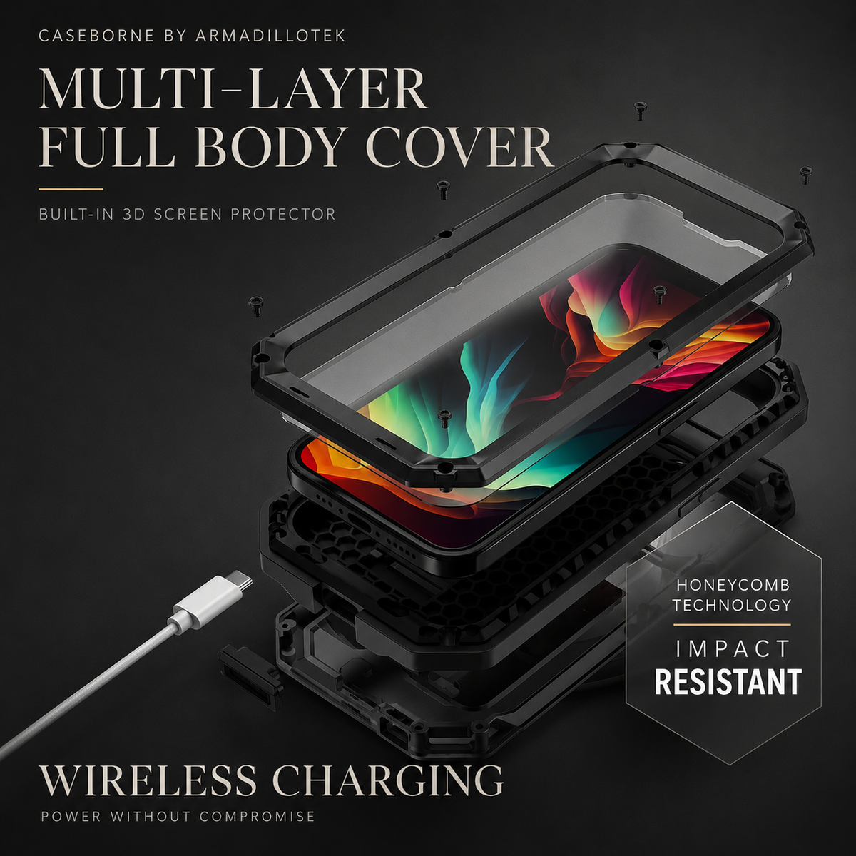 Premium iPhone Case Heavy Duty Aluminum Metal Full Body Cover with Tempered Glass Screen Lens Slider Shockproof Dual Layer Kickstand Design