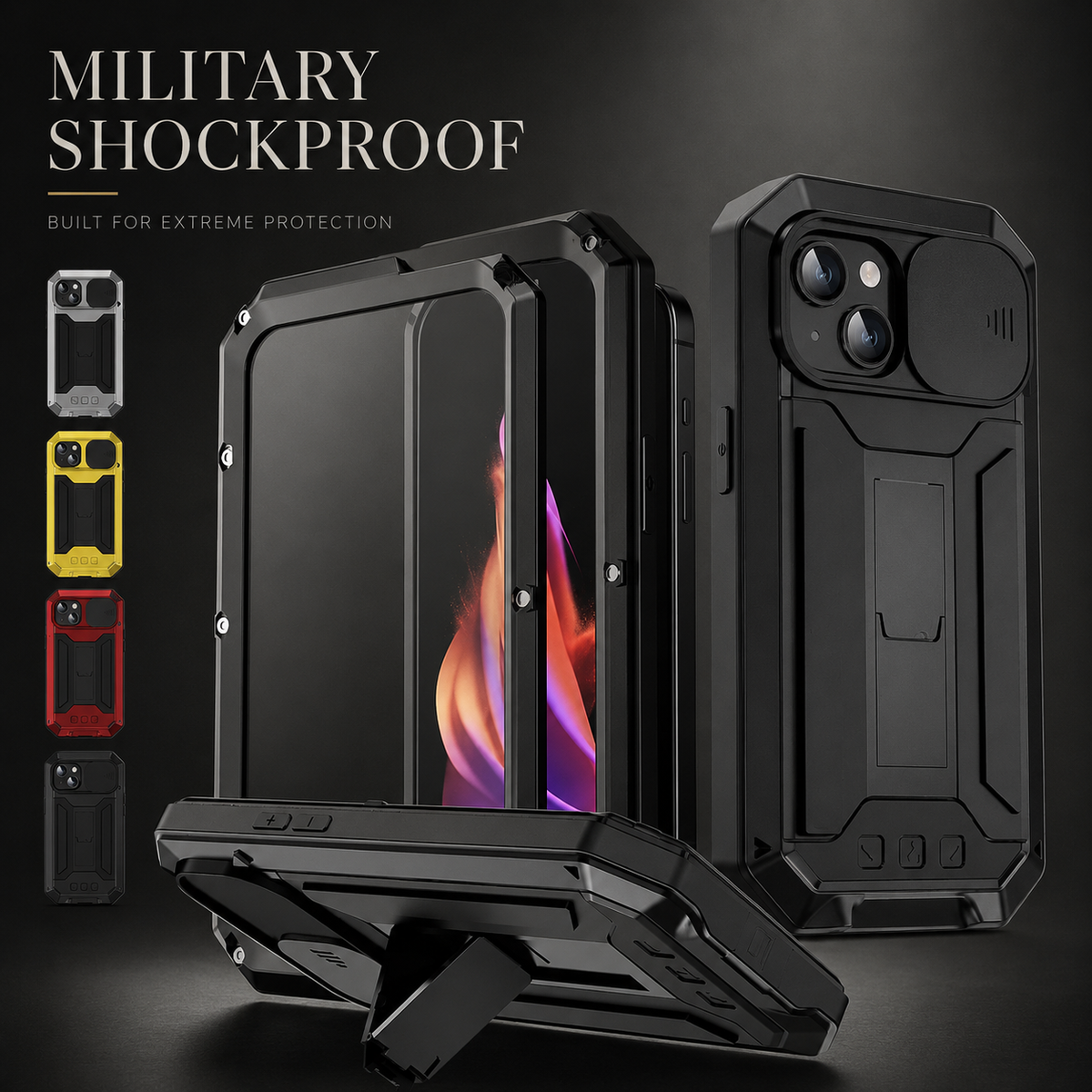 Premium iPhone Case Heavy Duty Aluminum Metal Full Body Cover with Tempered Glass Screen Lens Slider Shockproof Dual Layer Kickstand Design