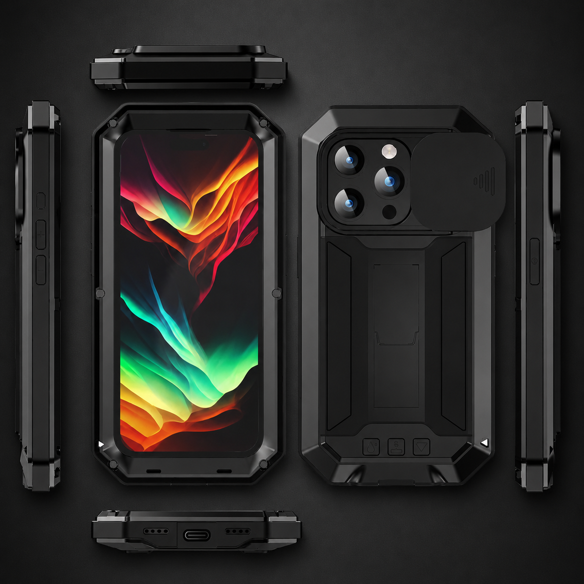 Premium iPhone Case Heavy Duty Aluminum Metal Full Body Cover with Tempered Glass Screen Lens Slider Shockproof Dual Layer Kickstand Design