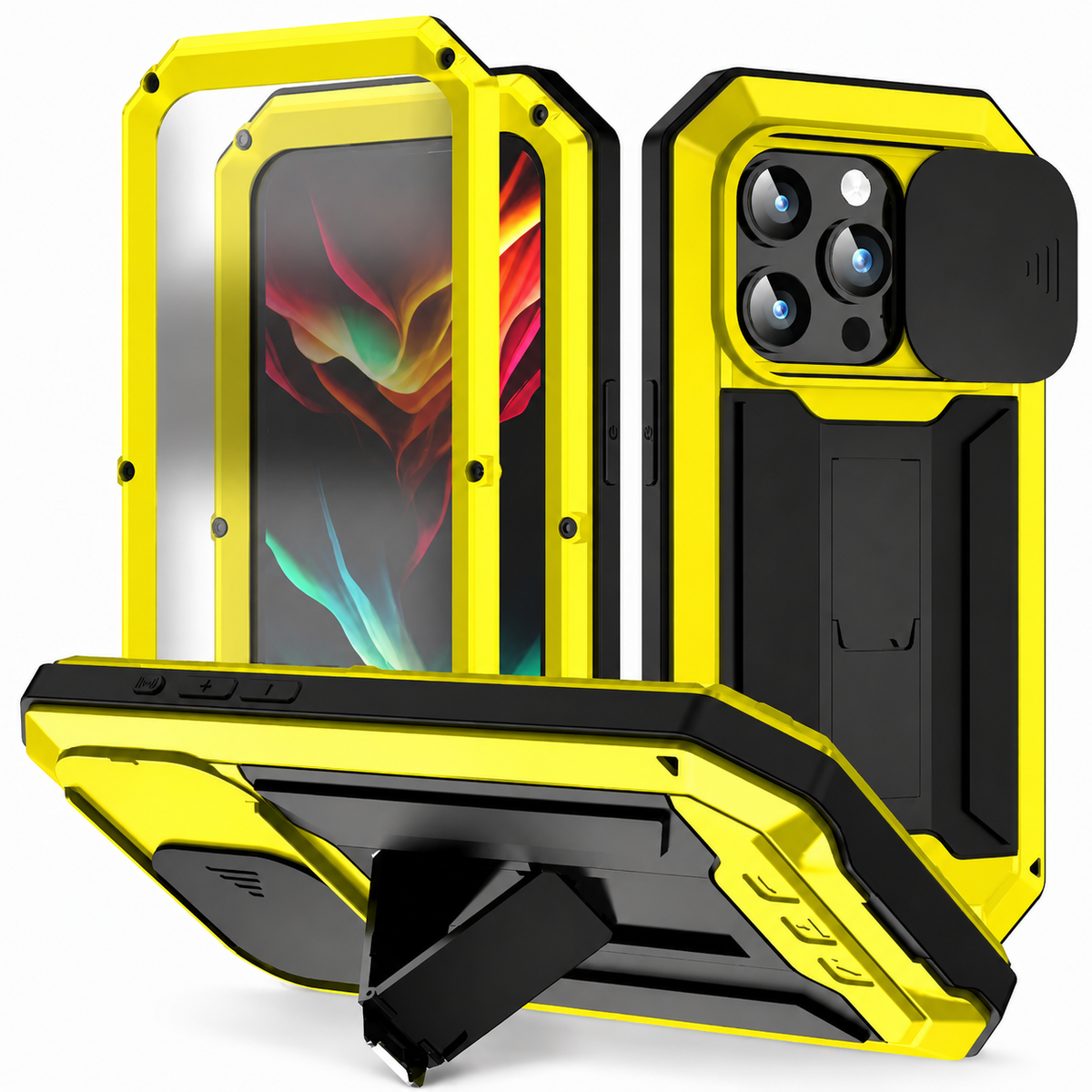 Premium iPhone Case Heavy Duty Aluminum Metal Full Body Cover with Tempered Glass Screen Lens Slider Shockproof Dual Layer Kickstand Design