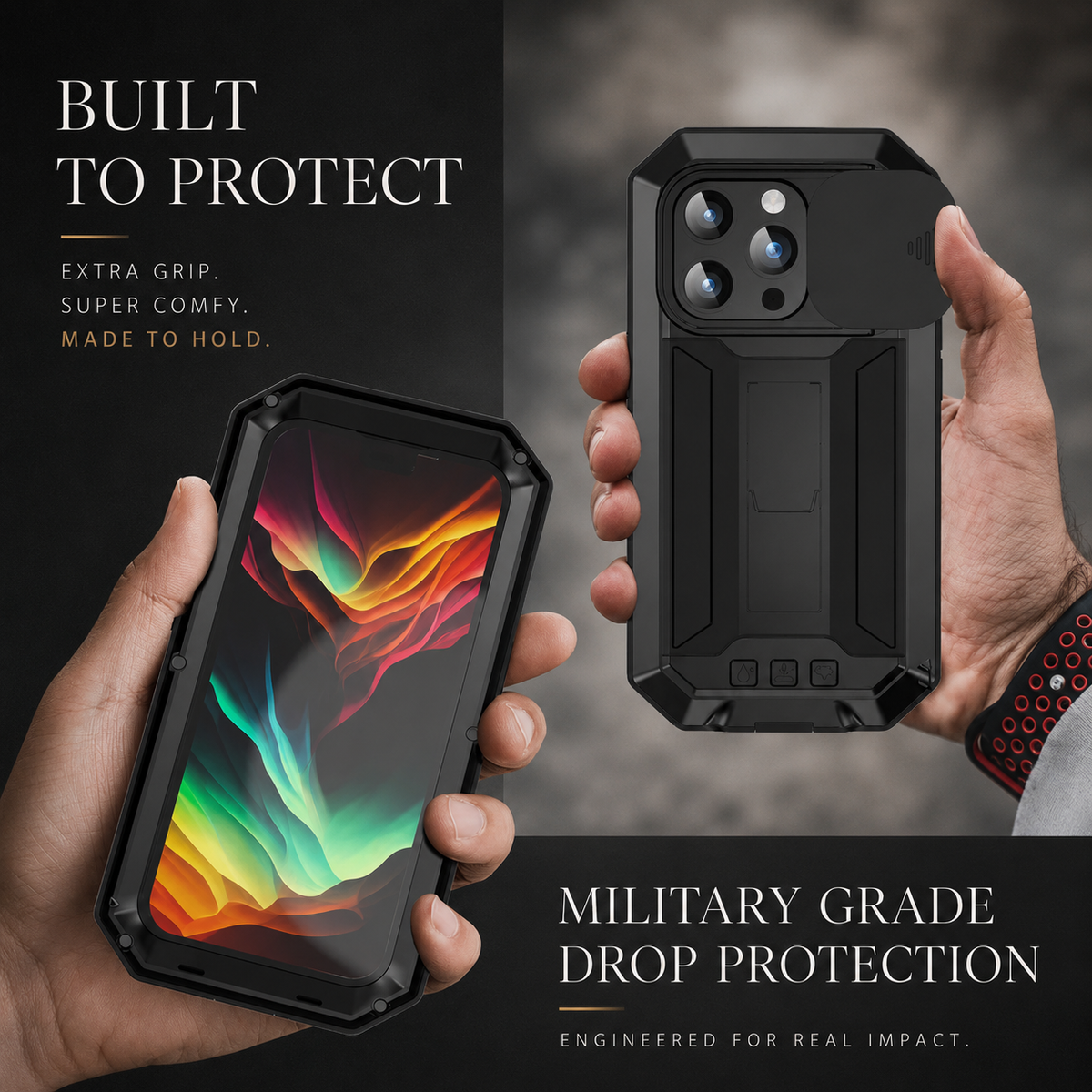 Premium iPhone Case Heavy Duty Aluminum Metal Full Body Cover with Tempered Glass Screen Lens Slider Shockproof Dual Layer Kickstand Design