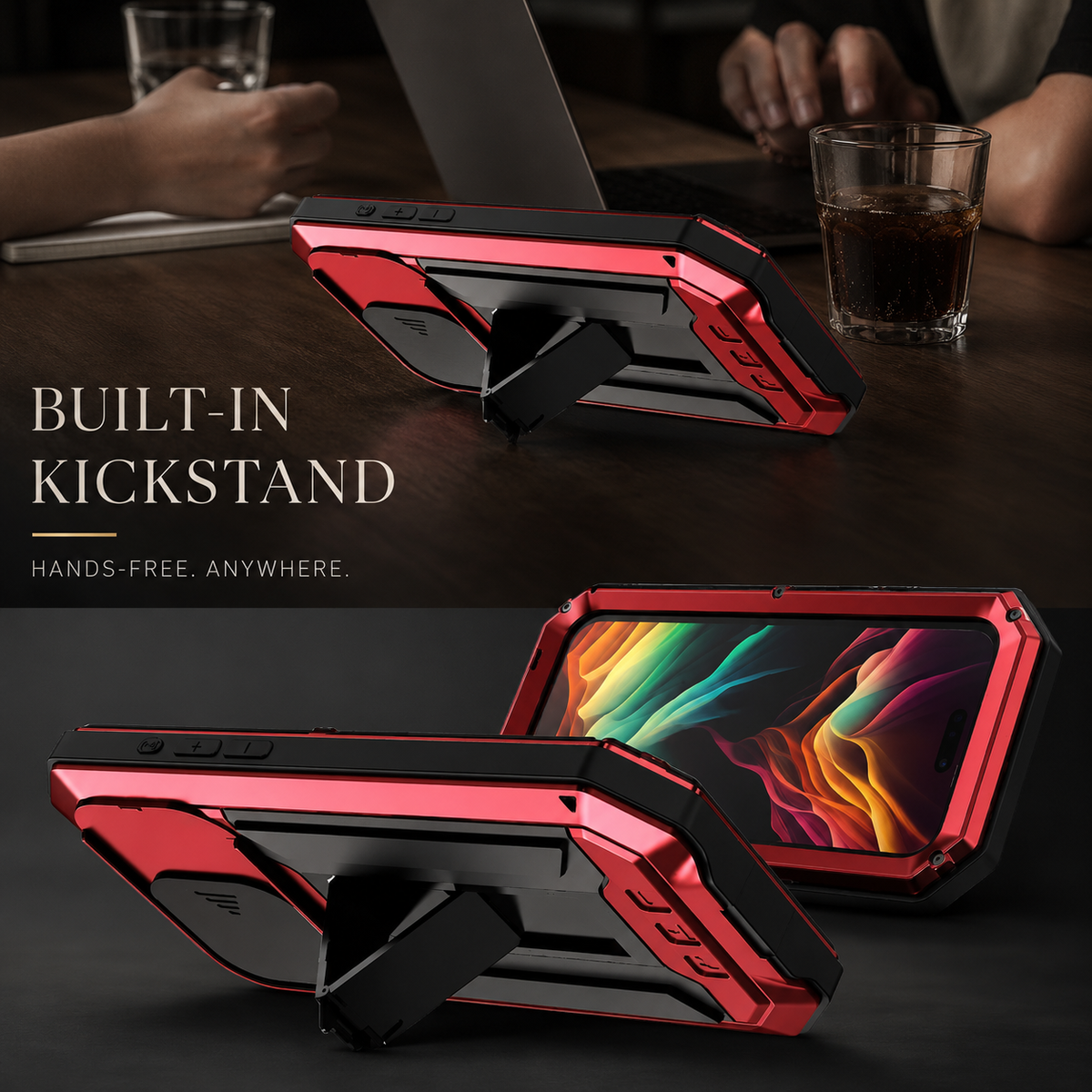 Premium iPhone Case Heavy Duty Aluminum Metal Full Body Cover with Tempered Glass Screen Lens Slider Shockproof Dual Layer Kickstand Design
