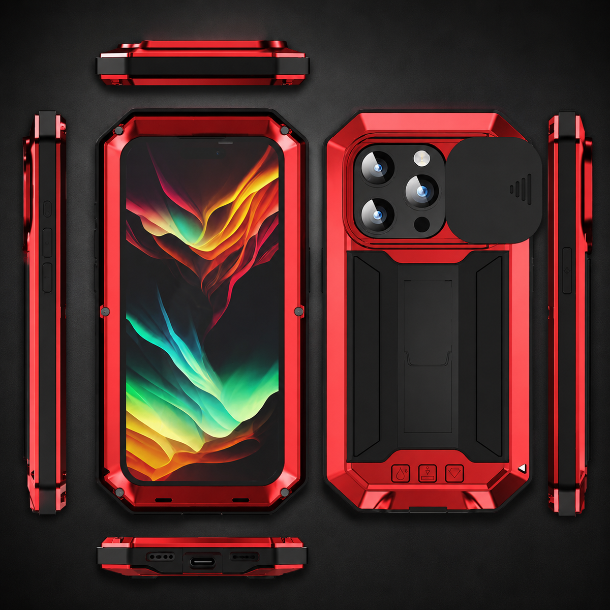 Premium iPhone Case Heavy Duty Aluminum Metal Full Body Cover with Tempered Glass Screen Lens Slider Shockproof Dual Layer Kickstand Design