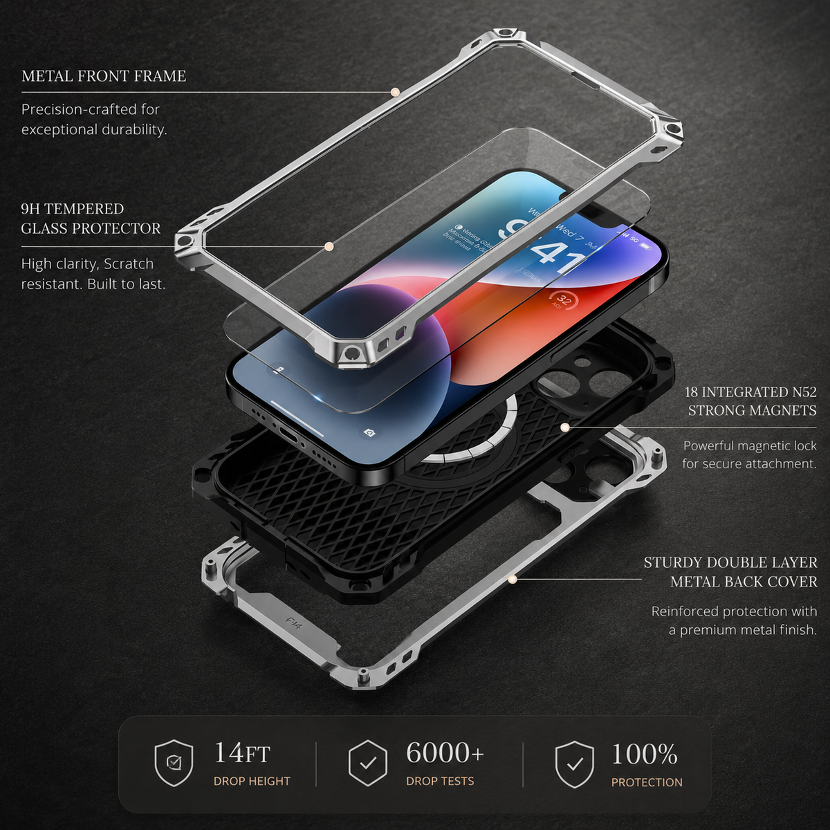 Premium iPhone Case Heavy Duty Metal MagSafe Cover Military Grade Shockproof Aluminum Bumper Camera Guard Kickstand Protective Case