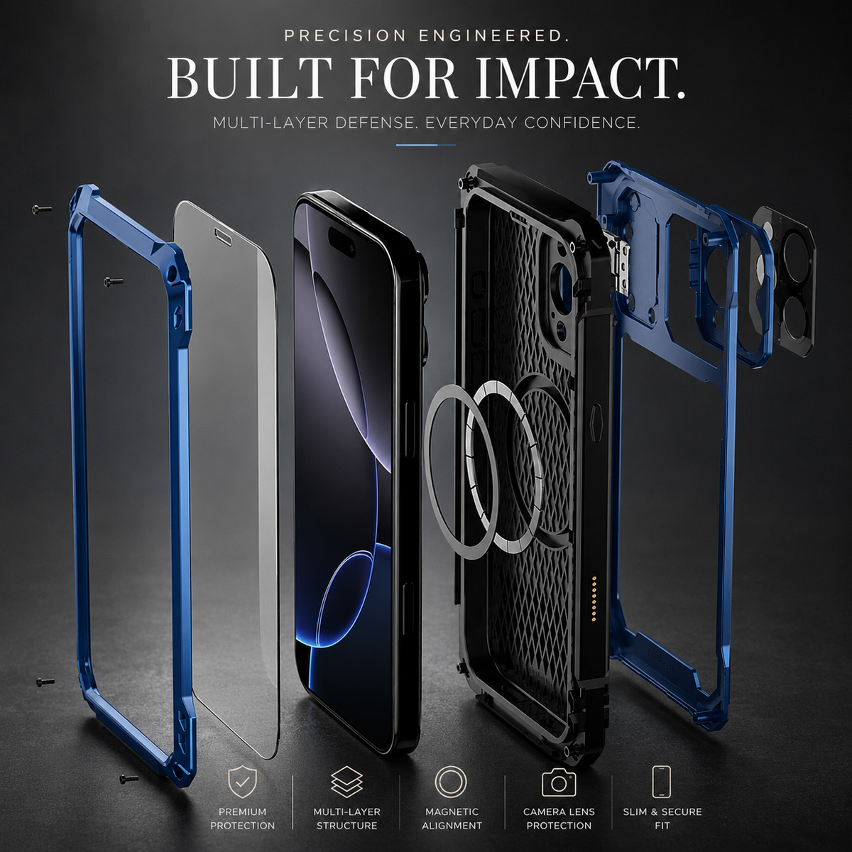 Premium iPhone Case Heavy Duty Metal MagSafe Cover Military Grade Shockproof Aluminum Bumper Camera Guard Kickstand Protective Case