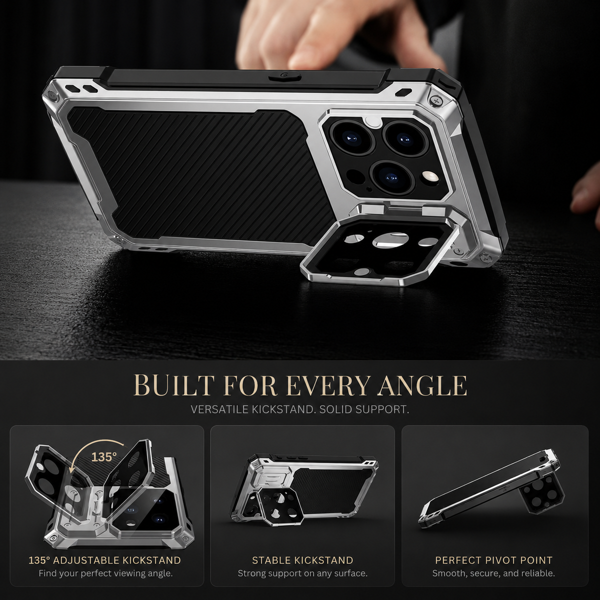 Premium iPhone Case Heavy Duty Metal MagSafe Cover Military Grade Shockproof Aluminum Bumper Camera Guard Kickstand Protective Case