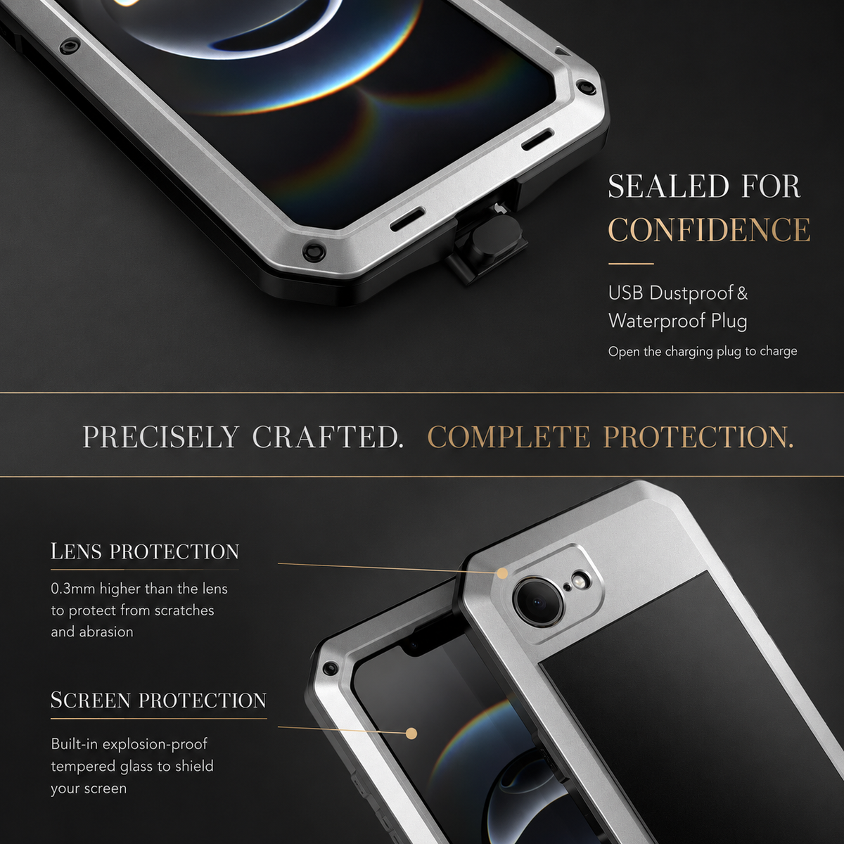 Premium iPhone Case Heavy Duty Metal Protective Cover with Built In Glass Screen Protector Shockproof TPU PC Rugged Design