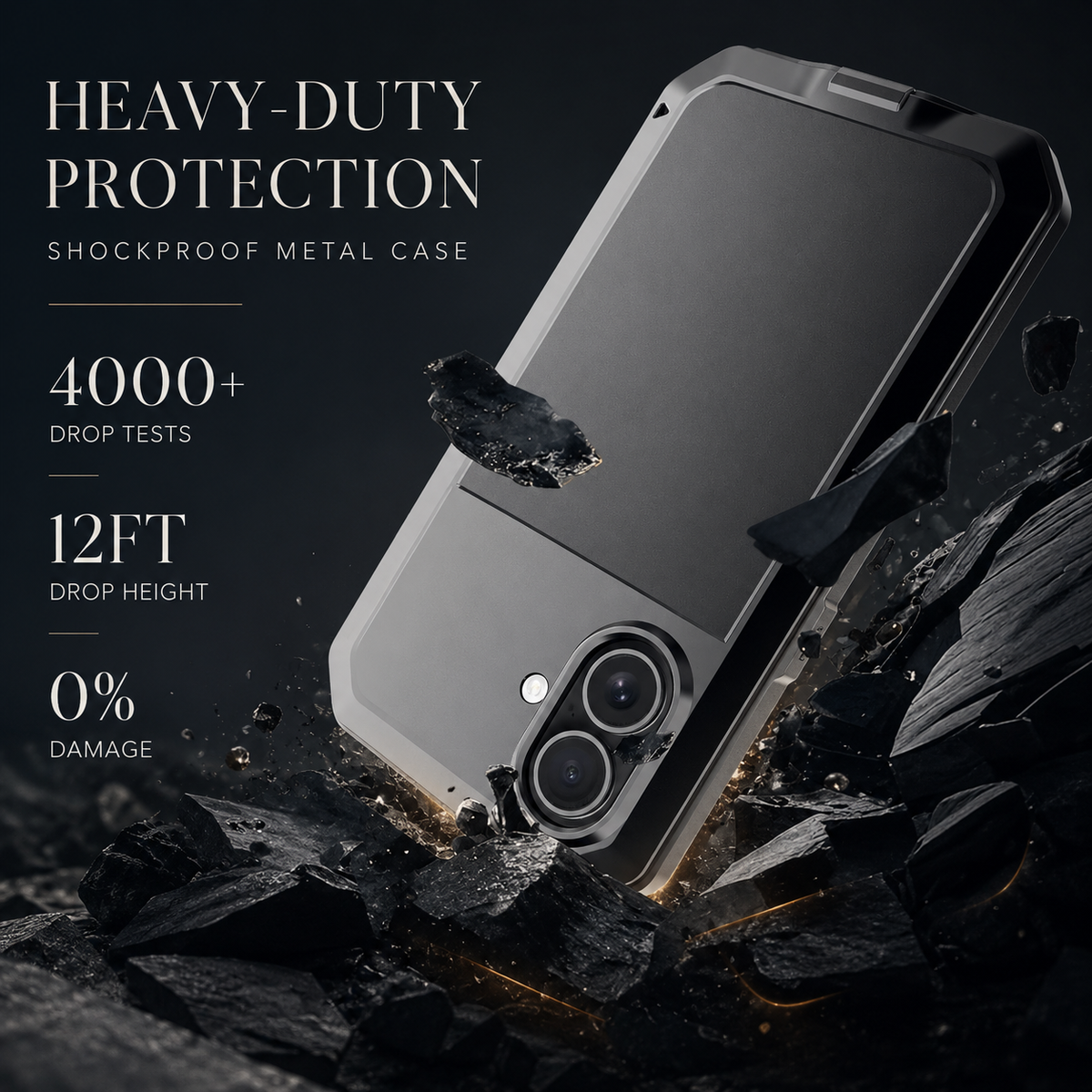 Premium iPhone Case Heavy Duty Metal Protective Cover with Built In Glass Screen Protector Shockproof TPU PC Rugged Design