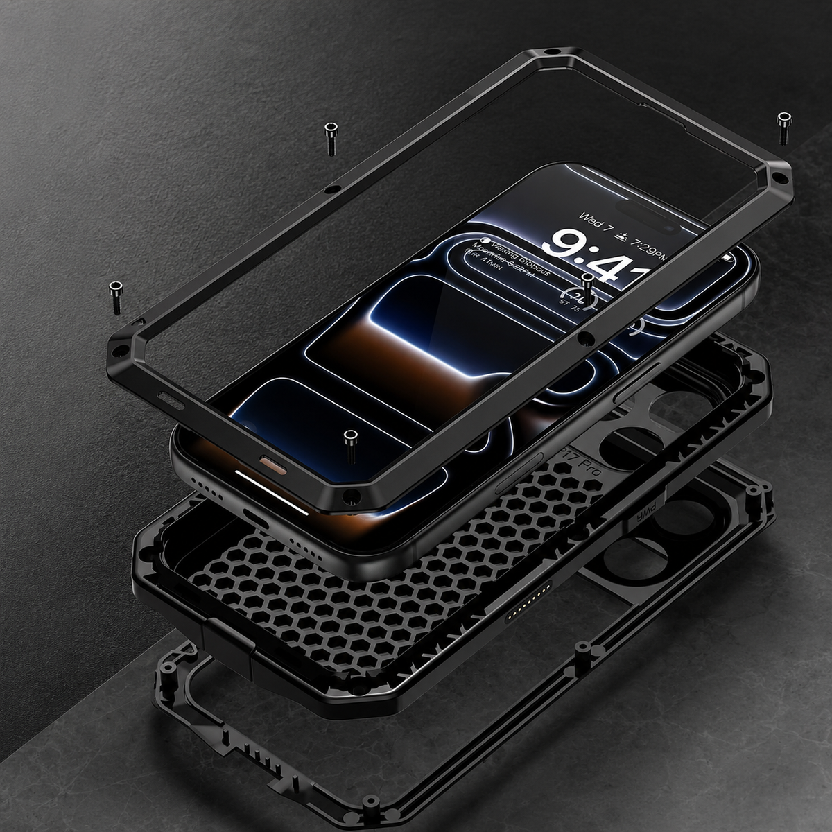 Premium iPhone Case Heavy Duty Metal Protective Cover with Built In Glass Screen Protector Shockproof TPU PC Rugged Design
