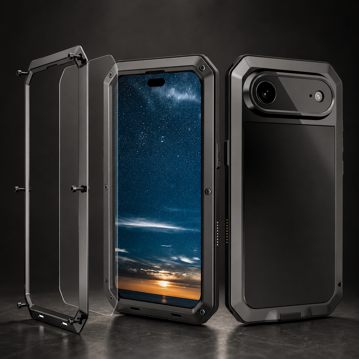 Premium iPhone Case Heavy Duty Metal Protective Cover with Built In Glass Screen Protector Shockproof TPU PC Rugged Design