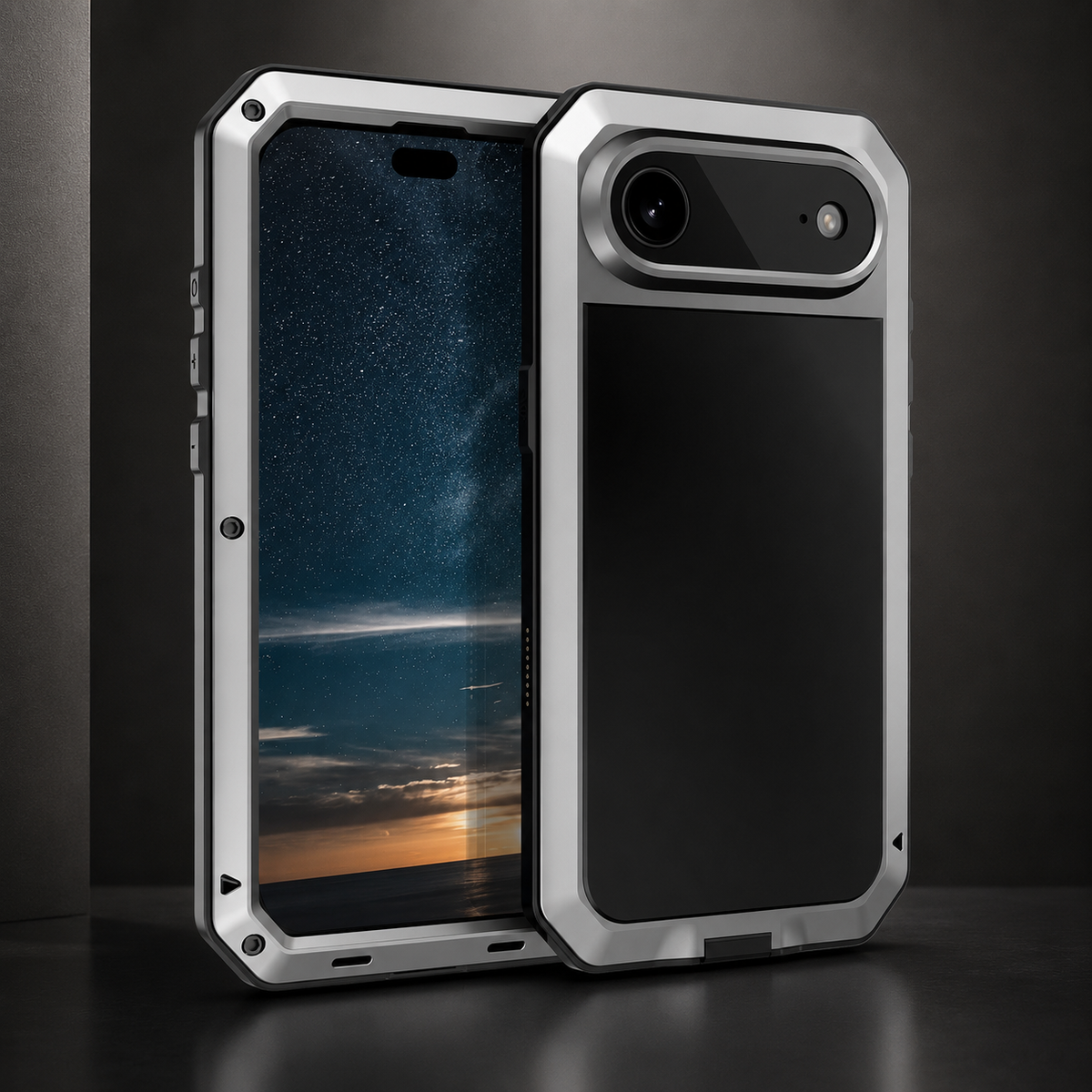Premium iPhone Case Heavy Duty Metal Protective Cover with Built In Glass Screen Protector Shockproof TPU PC Rugged Design