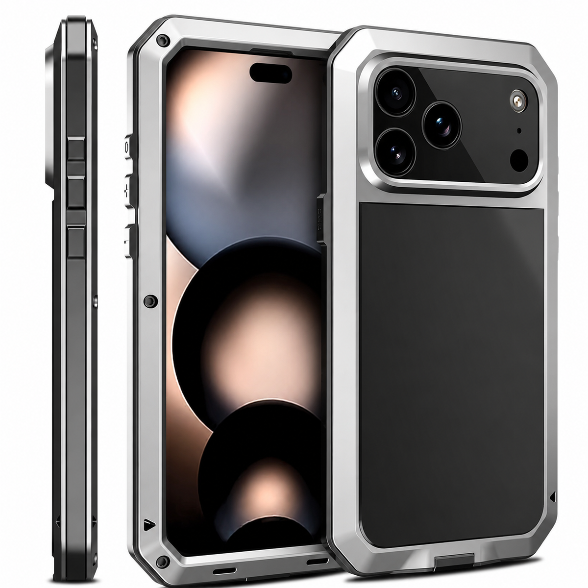 Premium iPhone Case Heavy Duty Metal Protective Cover with Built In Glass Screen Protector Shockproof TPU PC Rugged Design