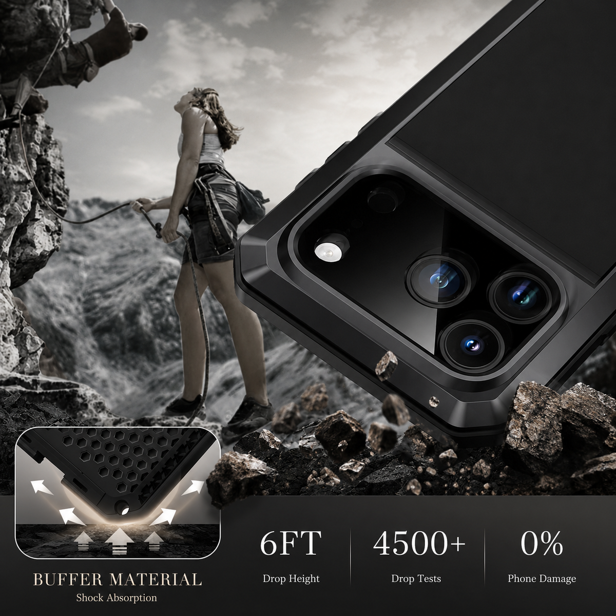 Premium iPhone Case Heavy Duty Metal Protective Cover with Built In Glass Screen Protector Shockproof TPU PC Rugged Design