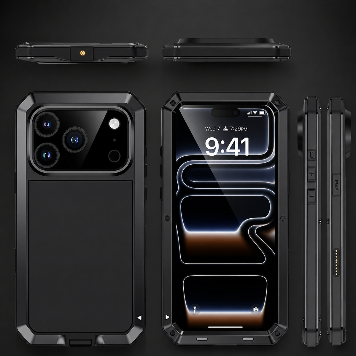 Premium iPhone Case Heavy Duty Metal Protective Cover with Built In Glass Screen Protector Shockproof TPU PC Rugged Design