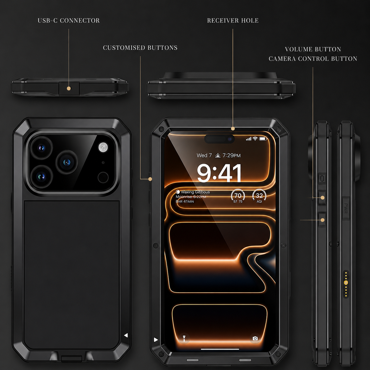 Premium iPhone Case Heavy Duty Metal Protective Cover with Built In Glass Screen Protector Shockproof TPU PC Rugged Design