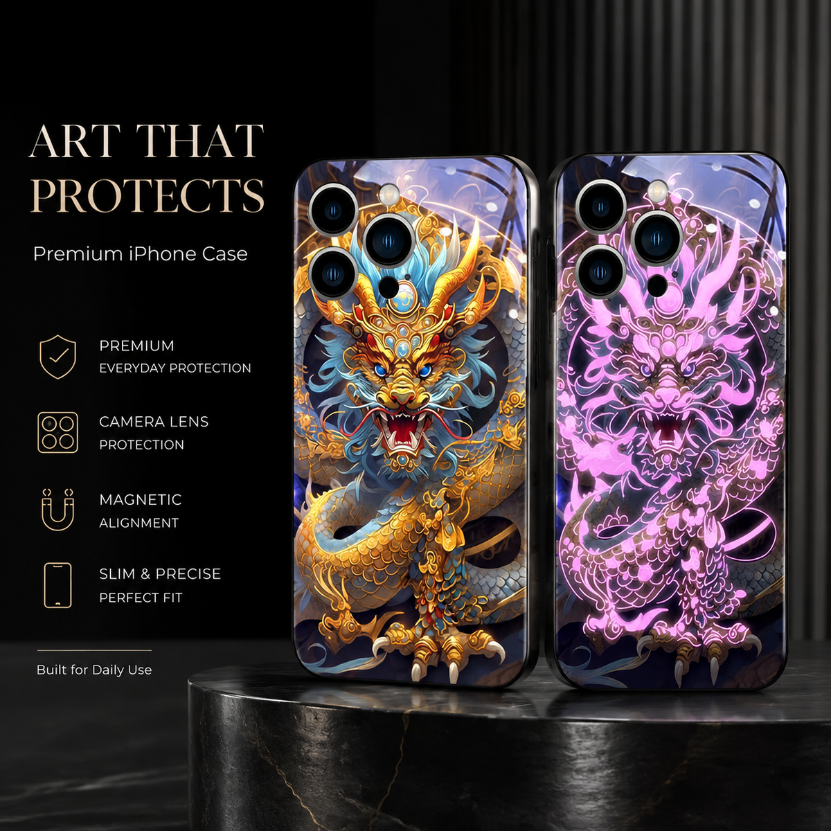 Premium iPhone Case LED Luminous Golden Dragon Cover Sound Reactive Tempered Glass Shockproof Protection