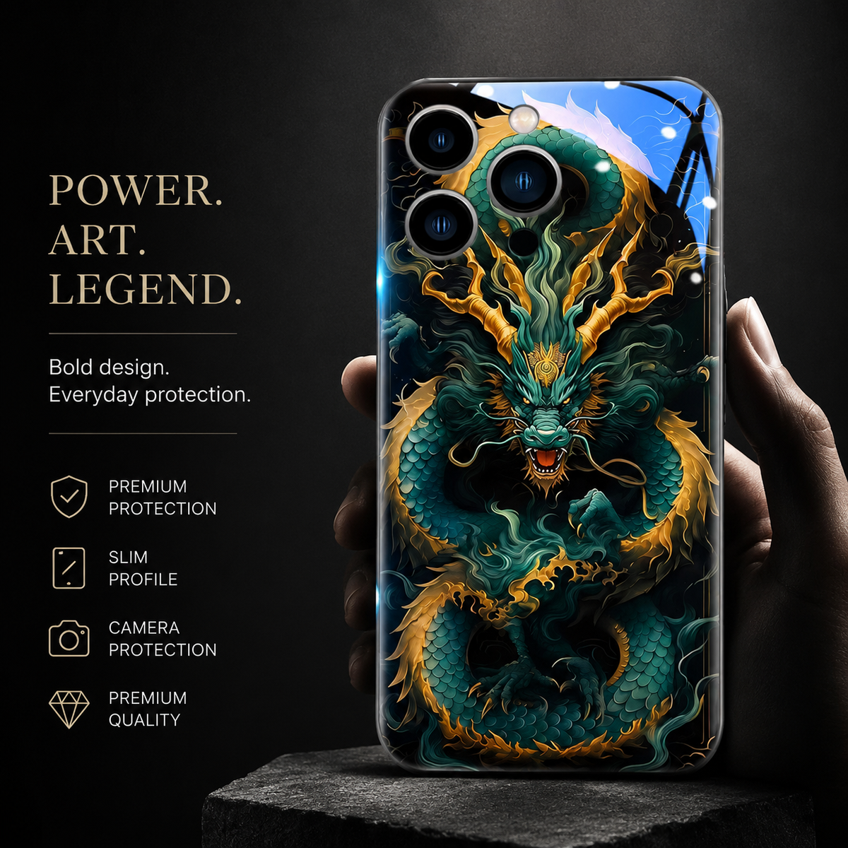 Premium iPhone Case LED Luminous Golden Dragon Cover Sound Reactive Tempered Glass Shockproof Protection