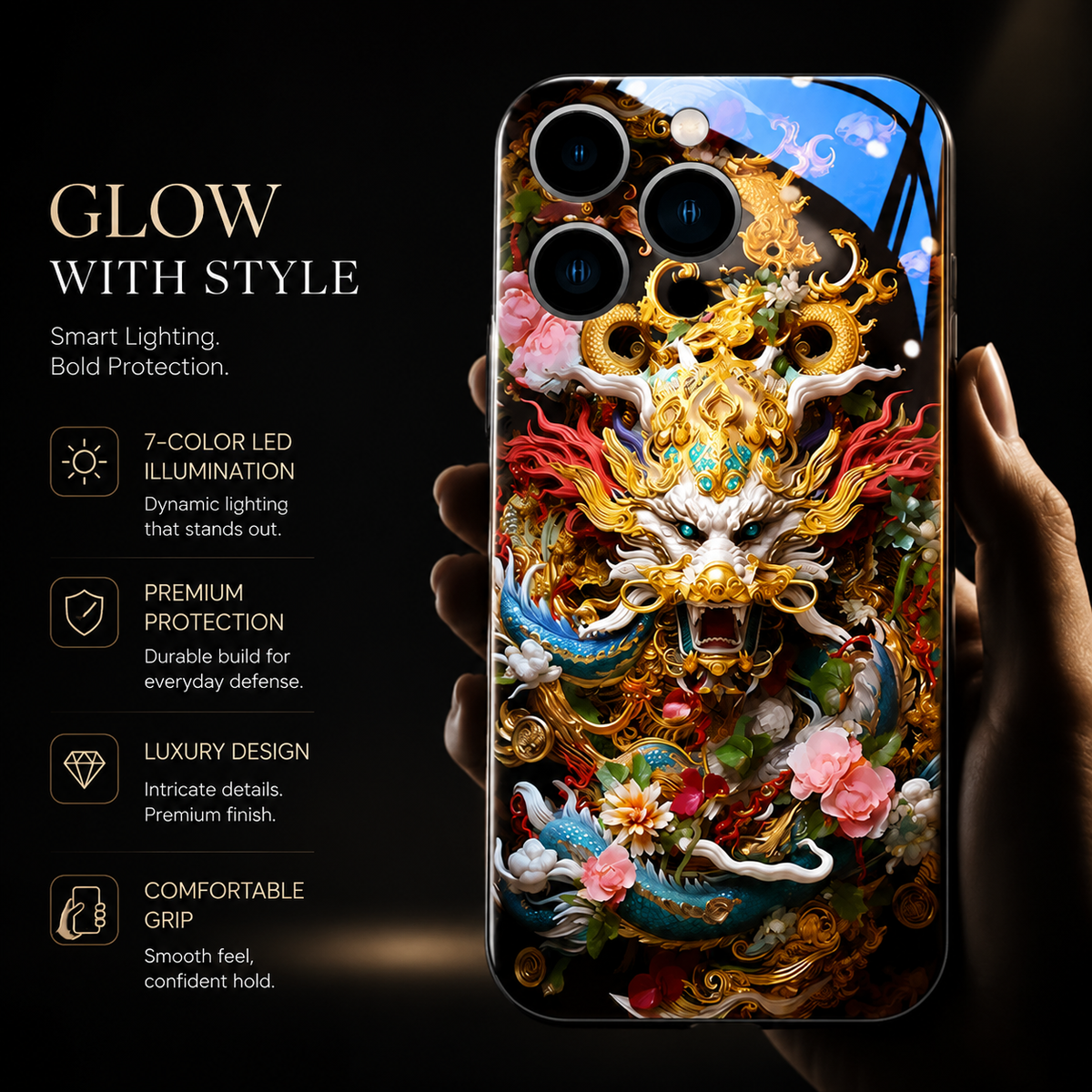 Premium iPhone Case LED Luminous Golden Dragon Cover Sound Reactive Tempered Glass Shockproof Protection