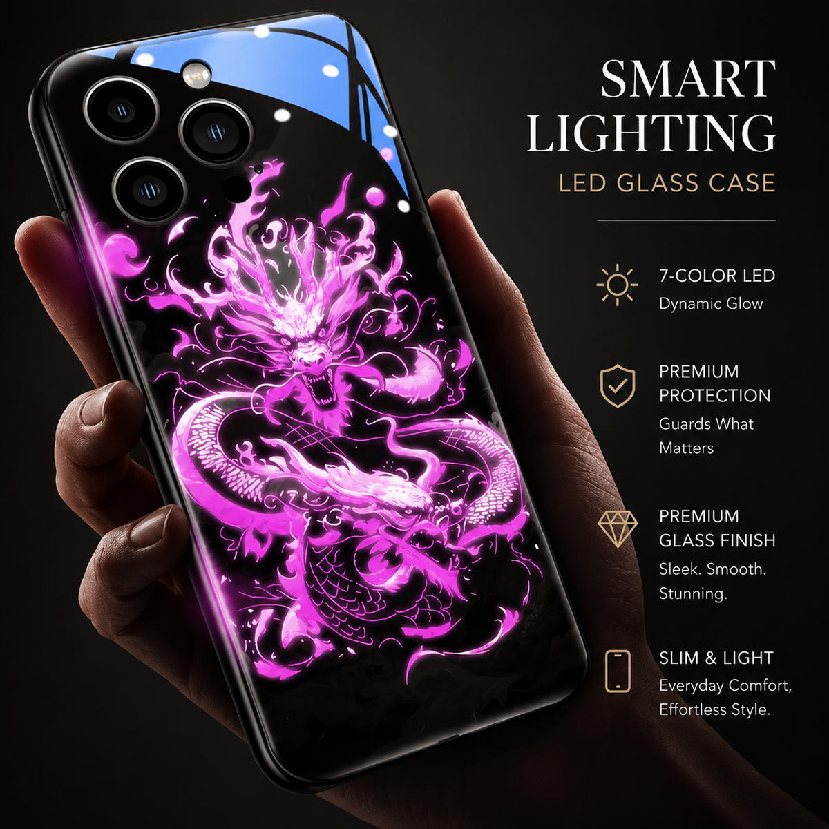 Premium iPhone Case LED Luminous Golden Dragon Cover Sound Reactive Tempered Glass Shockproof Protection