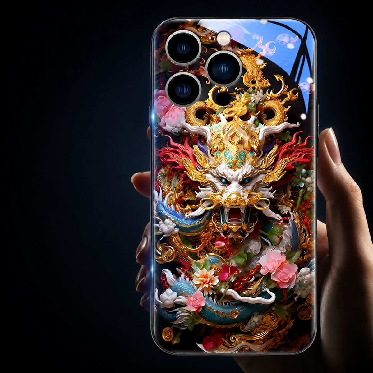 Premium iPhone Case LED Luminous Golden Dragon Cover Sound Reactive Tempered Glass Shockproof Protection