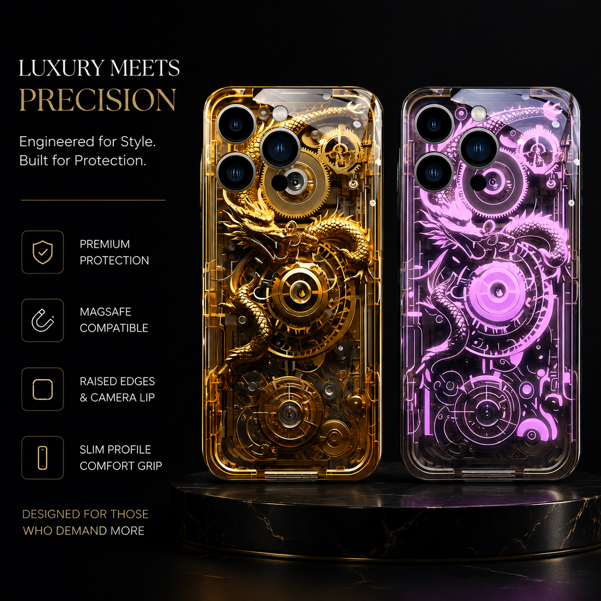 Premium iPhone Case LED Luminous Golden Dragon Cover Sound Reactive Tempered Glass Shockproof Protection