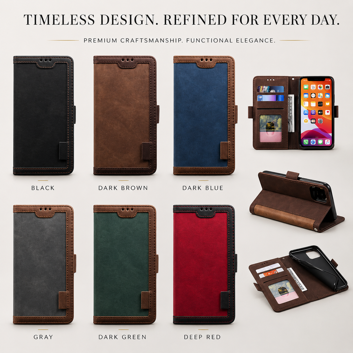 Premium iPhone Case Leather Wallet Flip Cover Card Slots Magnetic Closure Full Body Protection
