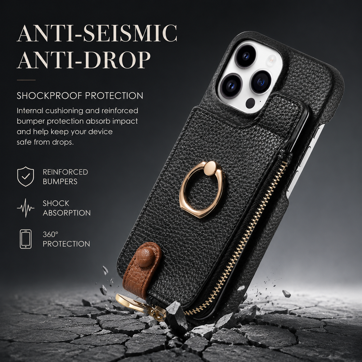 Premium iPhone Case Leather Zipper Wallet Cover Card Holder Ring Kickstand Full Protection