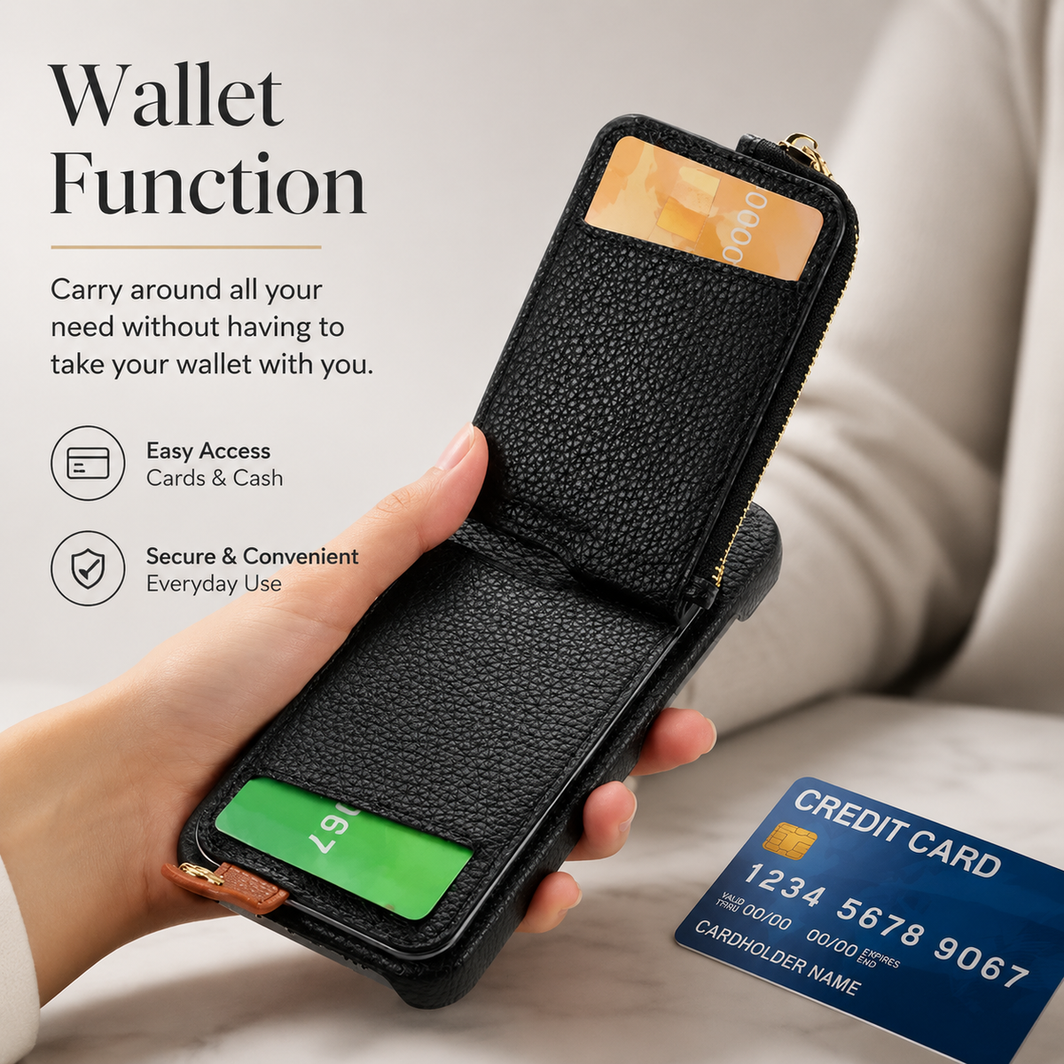 Premium iPhone Case Leather Zipper Wallet Cover Card Holder Ring Kickstand Full Protection