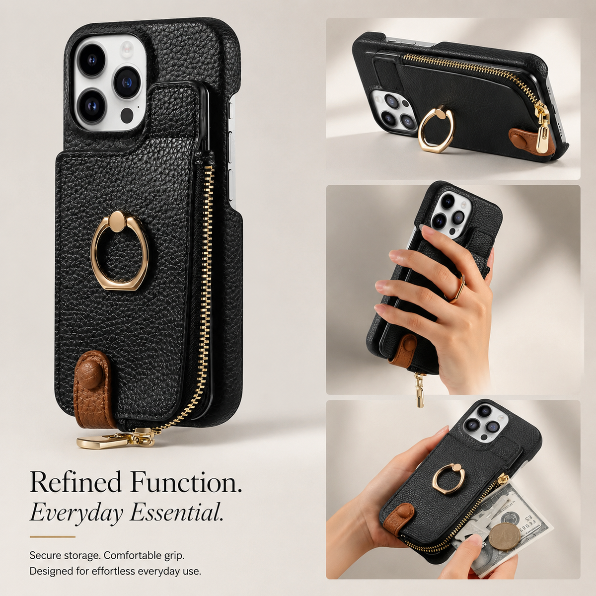 Premium iPhone Case Leather Zipper Wallet Cover Card Holder Ring Kickstand Full Protection
