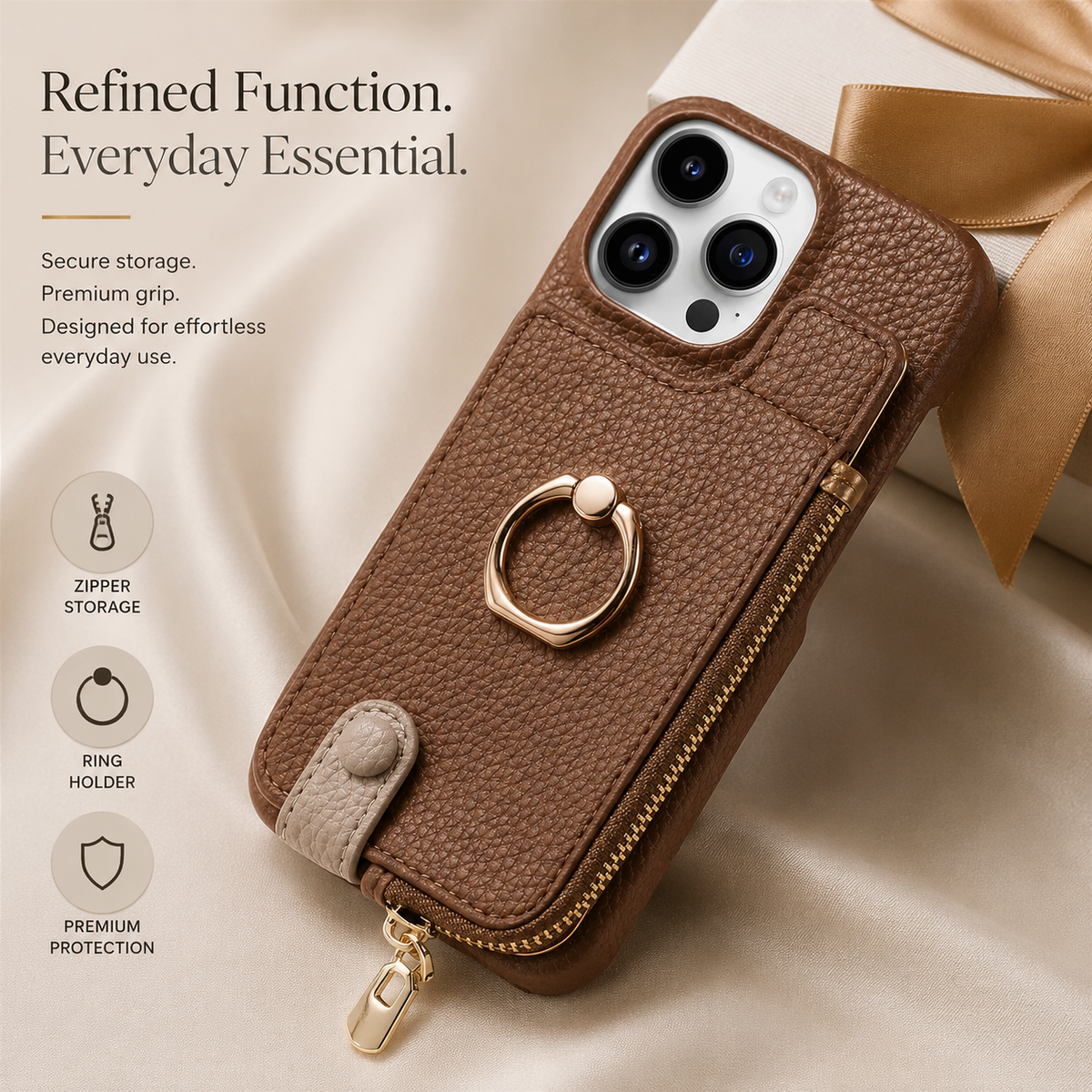 Premium iPhone Case Leather Zipper Wallet Cover Card Holder Ring Kickstand Full Protection