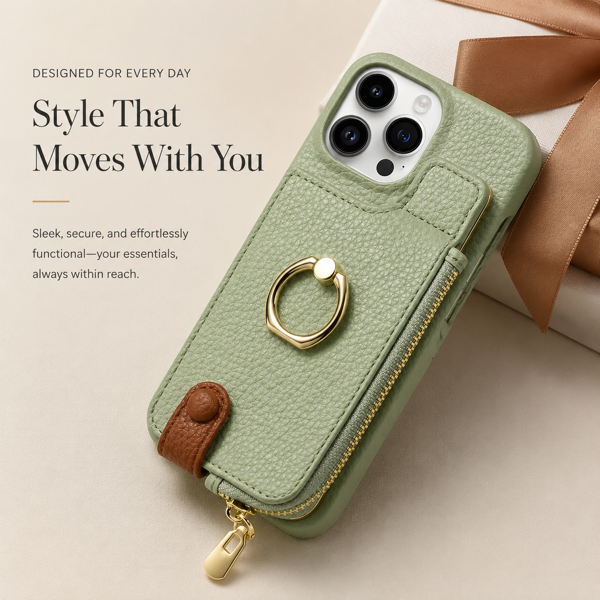 Premium iPhone Case Leather Zipper Wallet Cover Card Holder Ring Kickstand Full Protection