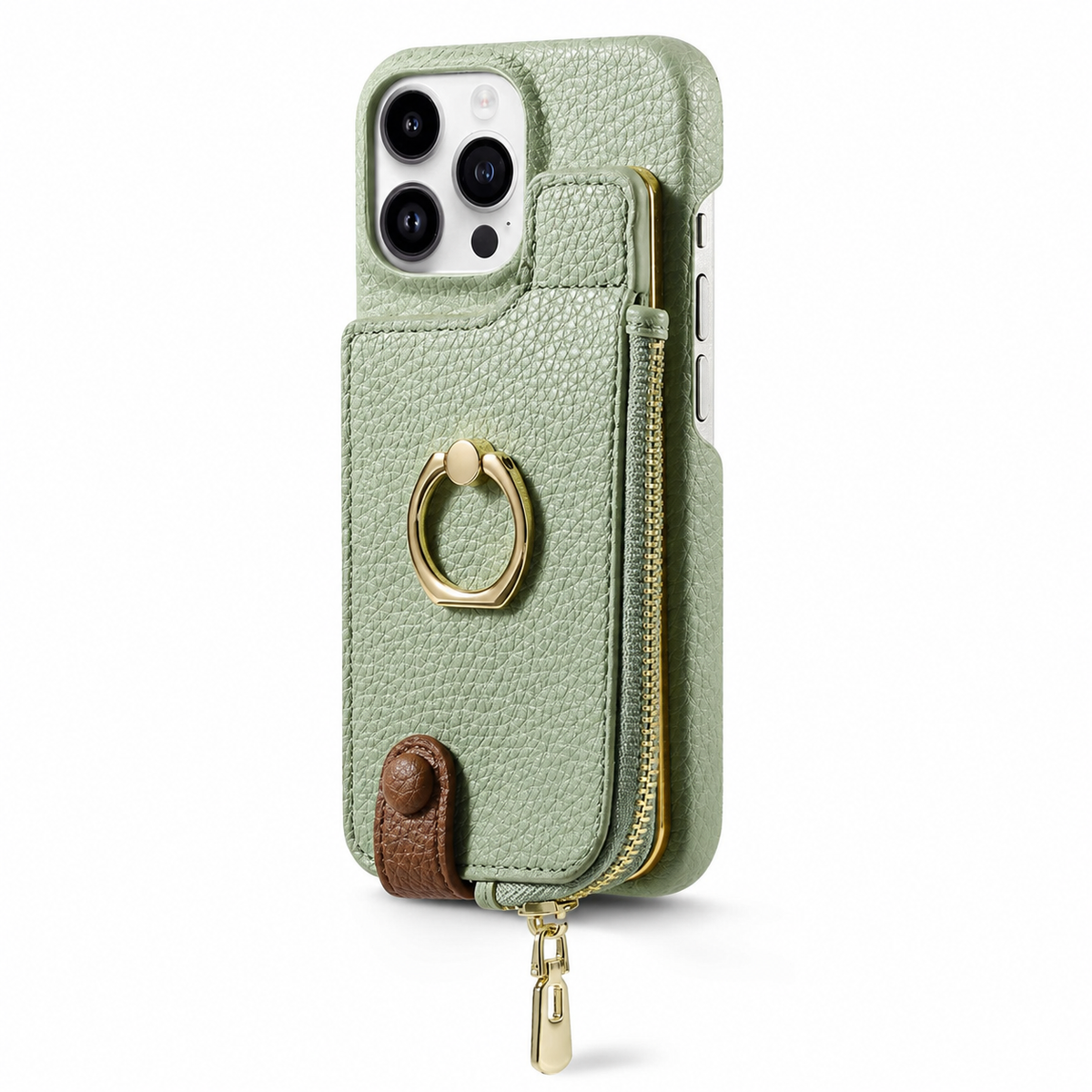 Premium iPhone Case Leather Zipper Wallet Cover Card Holder Ring Kickstand Full Protection
