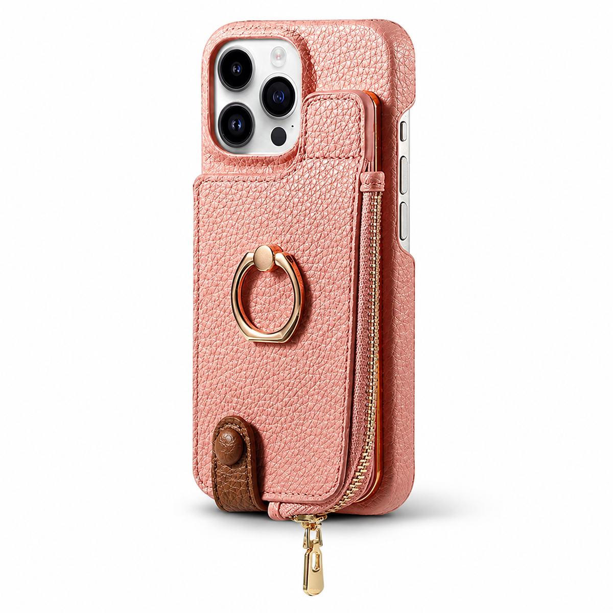 Premium iPhone Case Leather Zipper Wallet Cover Card Holder Ring Kickstand Full Protection