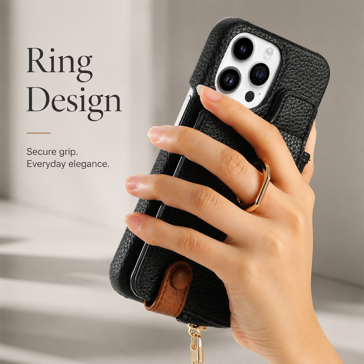 Premium iPhone Case Leather Zipper Wallet Cover Card Holder Ring Kickstand Full Protection