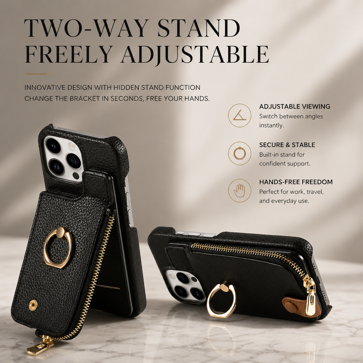 Premium iPhone Case Leather Zipper Wallet Cover Card Holder Ring Kickstand Magnetic Closure Shockproof Full Coverage