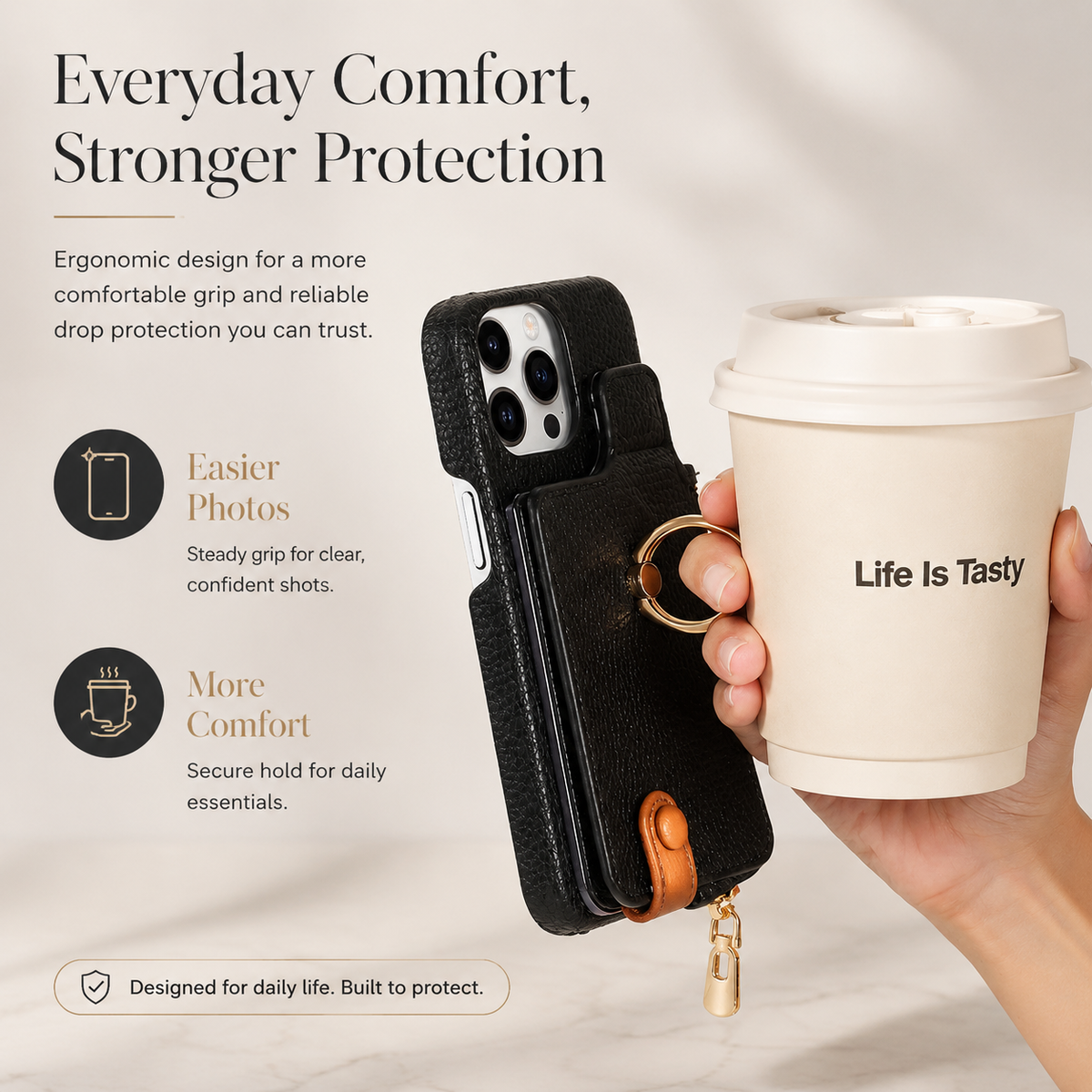 Premium iPhone Case Leather Zipper Wallet Cover Card Holder Ring Kickstand Magnetic Closure Shockproof Full Coverage