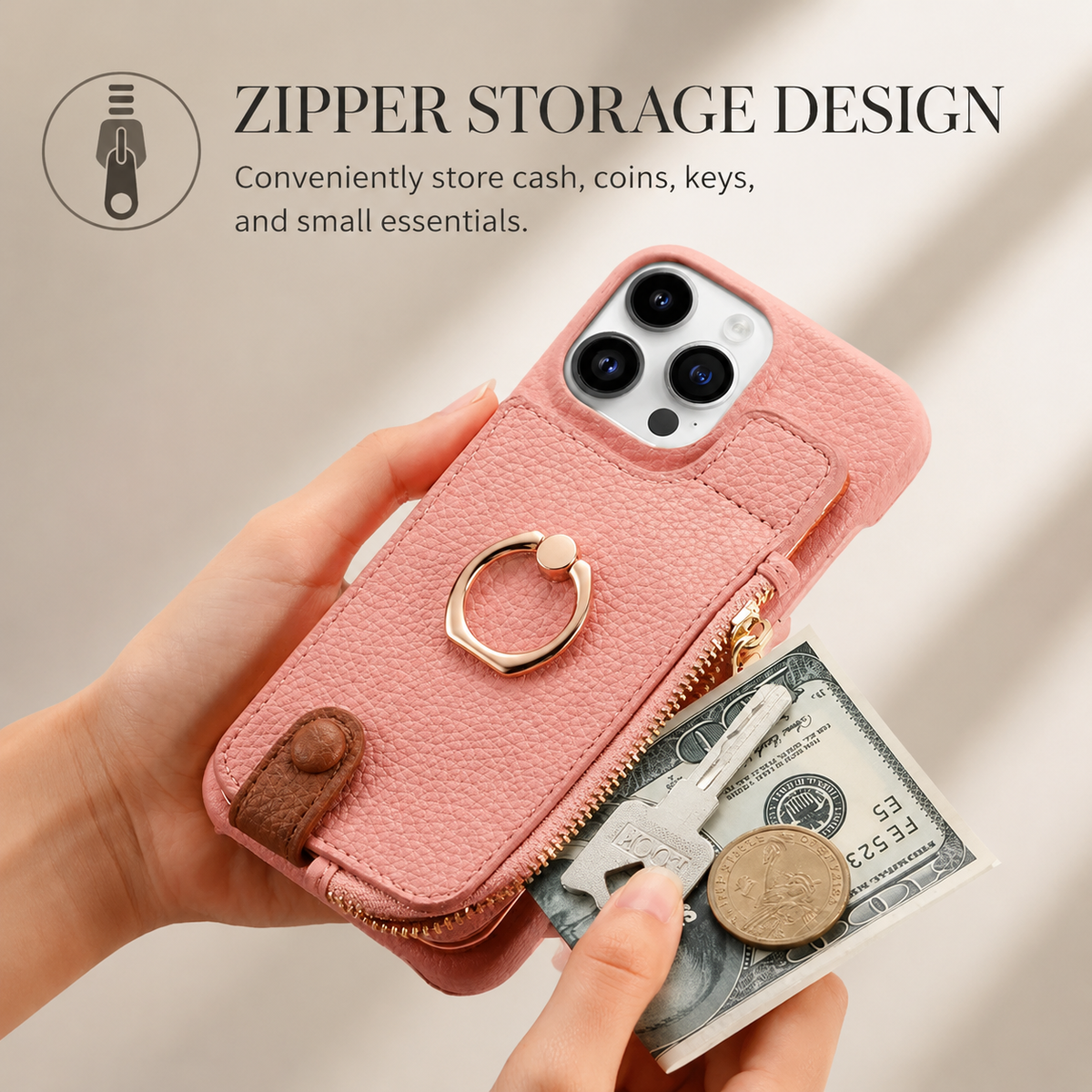 Premium iPhone Case Leather Zipper Wallet Cover Card Holder Ring Kickstand Magnetic Closure Shockproof Full Coverage