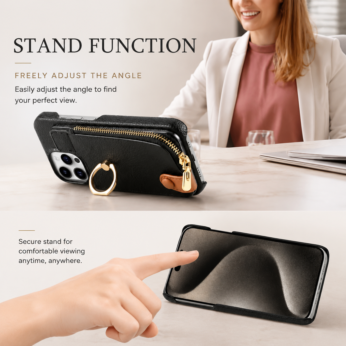 Premium iPhone Case Leather Zipper Wallet Cover Card Holder Ring Kickstand Magnetic Closure Shockproof Full Coverage
