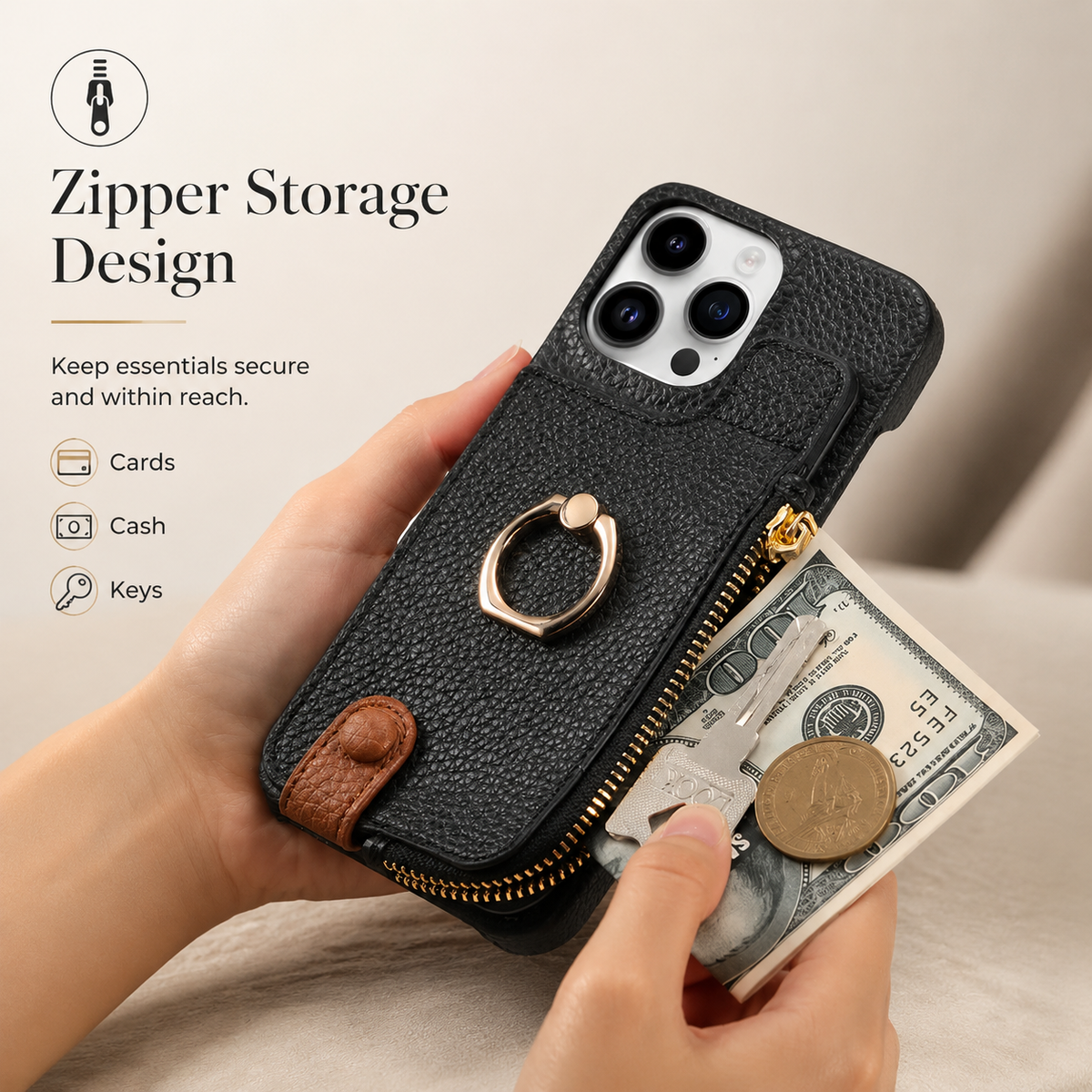 Premium iPhone Case Leather Zipper Wallet Cover Card Holder Ring Kickstand Magnetic Closure Shockproof Full Coverage