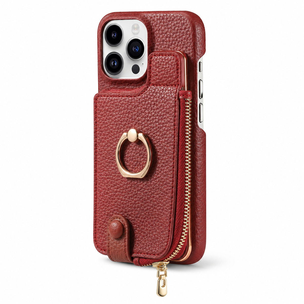Premium iPhone Case Leather Zipper Wallet Cover Card Holder Ring Kickstand Magnetic Closure Shockproof Full Coverage