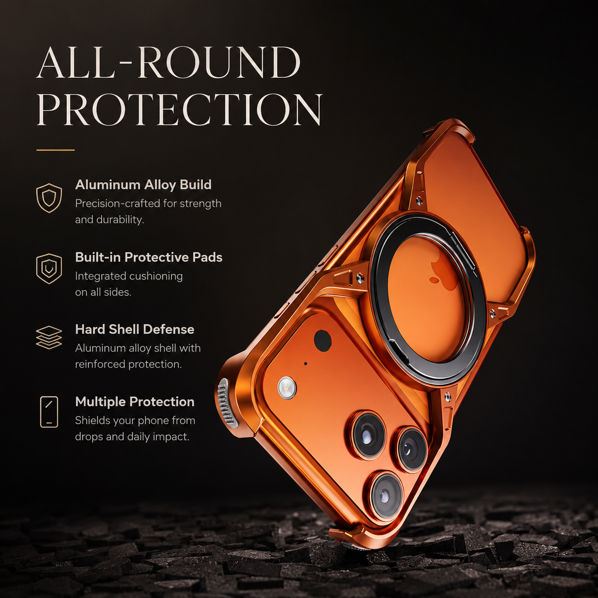 Premium iPhone Case MagSafe Compatible Aluminum Alloy Bumper Cover 360° Rotating Ring Stand Shockproof Camera Lens Protection